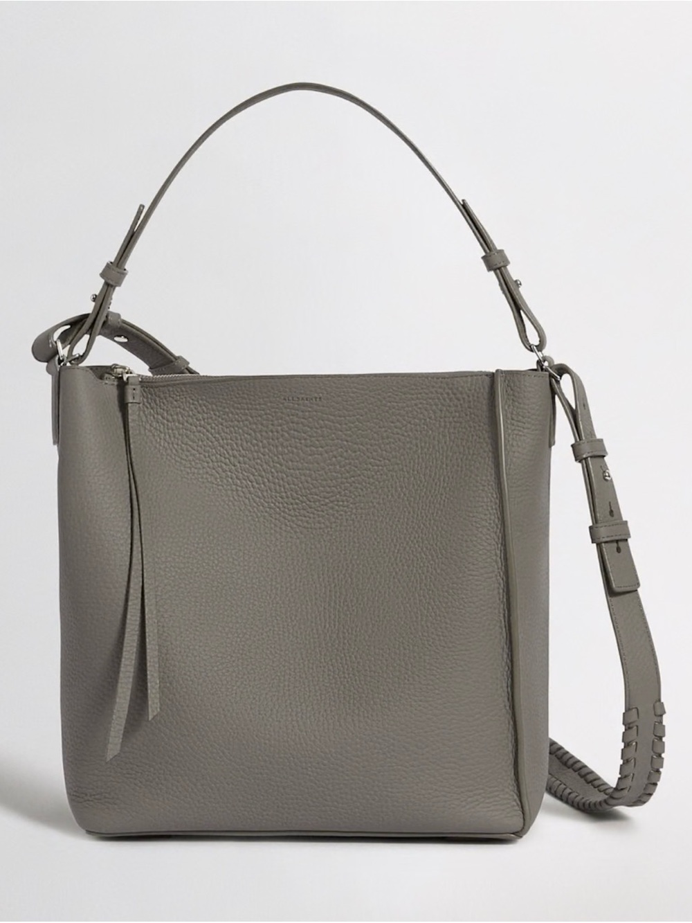 AllSaints Kita Pebbled Leather Crossbody Hobo Bag Taupe Gray